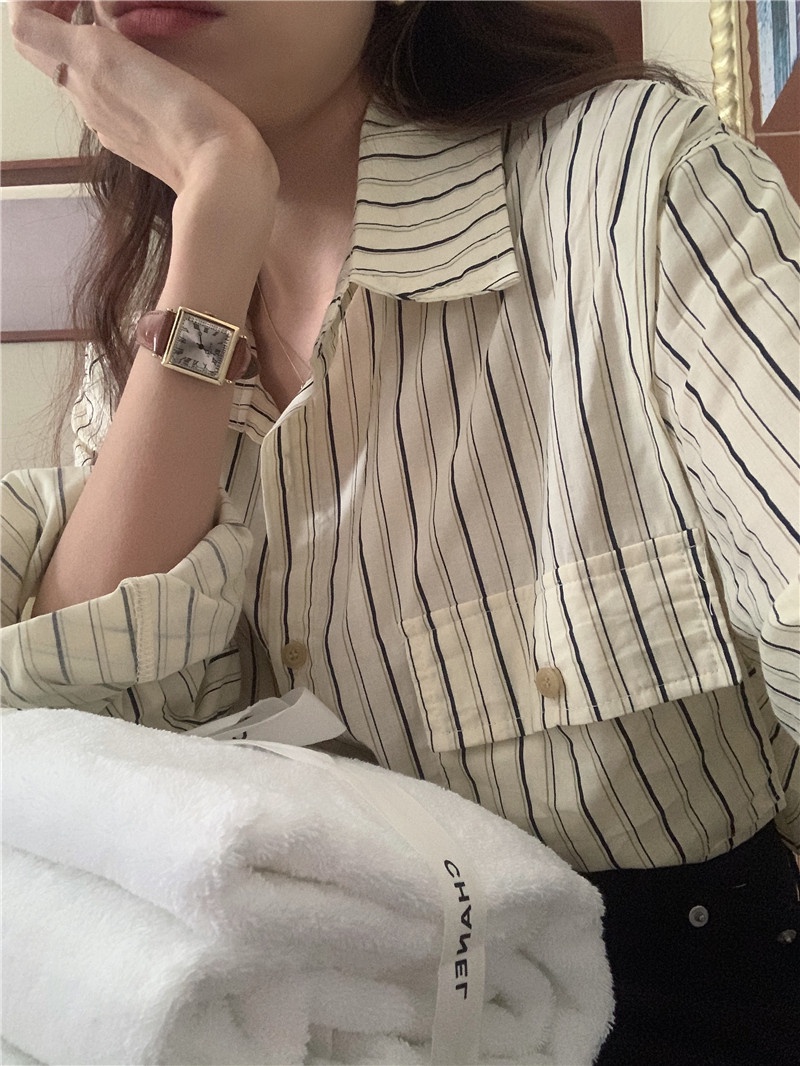 Áo Sơ Mi Kẻ Sọc Dài Tay Có Túi Đôi Phong Cách Hàn Quốc 58015