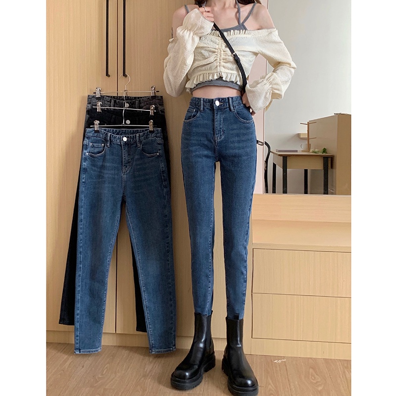 Quần Denim Lót Lông Cừu Dày Dặn Co Giãn Phong Cách Retro 58188