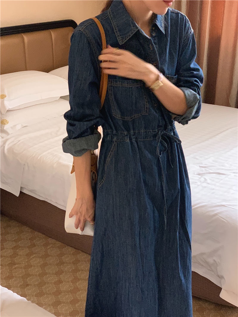 Đầm Denim Thắt Dây Eo Có Túi Đôi Dài Ngang Eo 58868