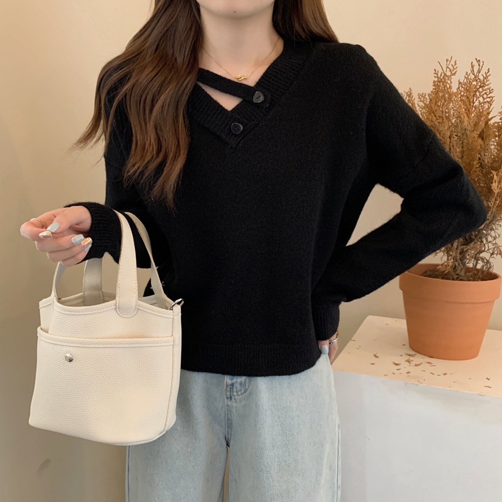 Áo Sweater Dệt Kim Cổ Chữ V Dài Tay Dáng Rộng Phong Cách Hàn Quốc Thời Trang Thu Đông 58417