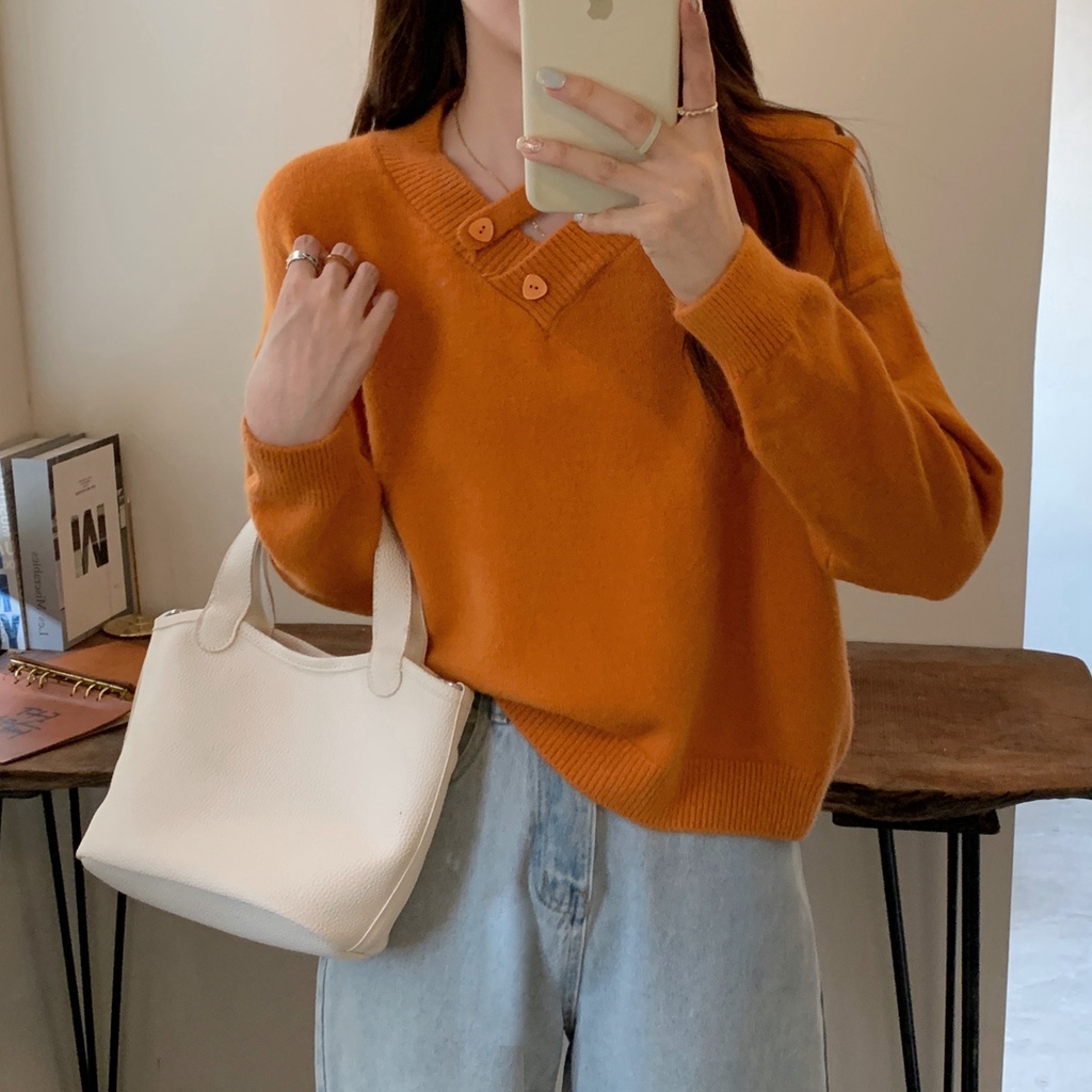 Áo Sweater Dệt Kim Cổ Chữ V Dài Tay Dáng Rộng Phong Cách Hàn Quốc Thời Trang Thu Đông 58417