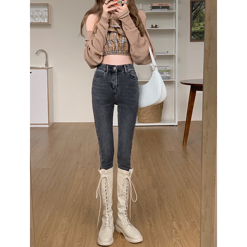 Quần Denim Lót Lông Cừu Dày Dặn Co Giãn Phong Cách Retro 58188