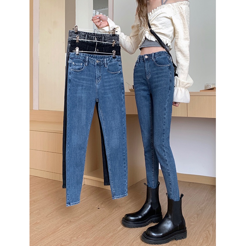 Quần Denim Lót Lông Cừu Dày Dặn Co Giãn Phong Cách Retro 58188