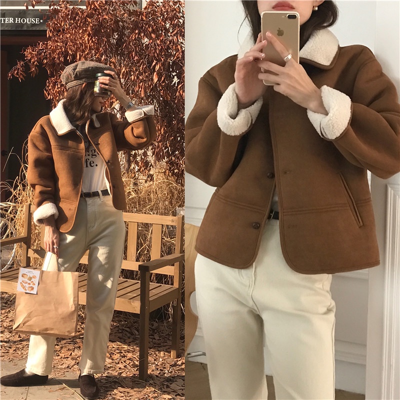 Áo Khoác Lông Cừu Tay Dài Dáng Rộng Phong Cách Retro 59351