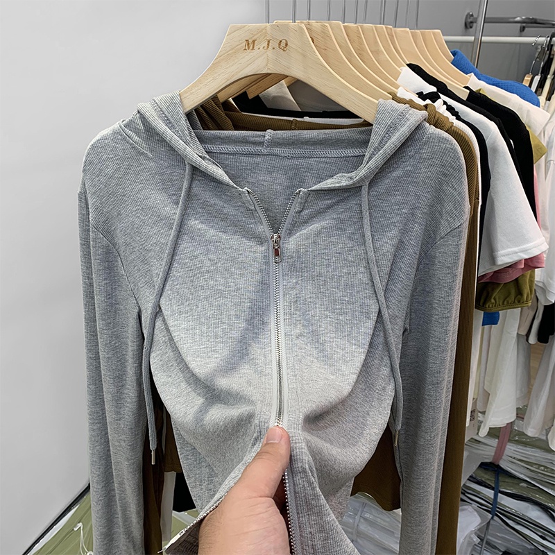 60429 Áo Khoác Cardigan Có Dây Kéo Đôi Có Mũ Trùm Đầu