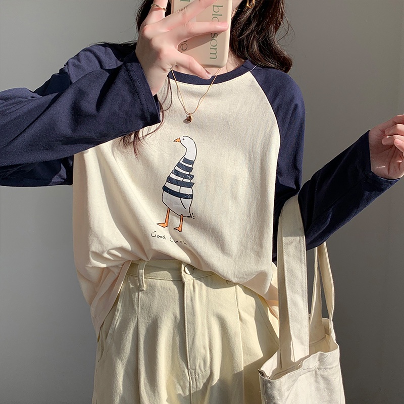 Áo Thun Nữ Tay Dài Màu Sắc Tương Phản Chất Liệu Cotton 60769
