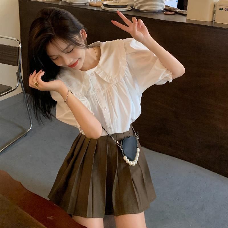Áo Sơ Mi Trắng Tay Ngắn Cổ Búp Bê Phong Cách Hàn Quốc Ngọt Ngào Dễ Phối Đồ
