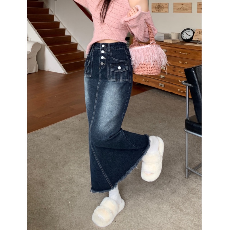 Chân Váy Jean Dài Lưng Cao Thời Trang Hàn Quốc