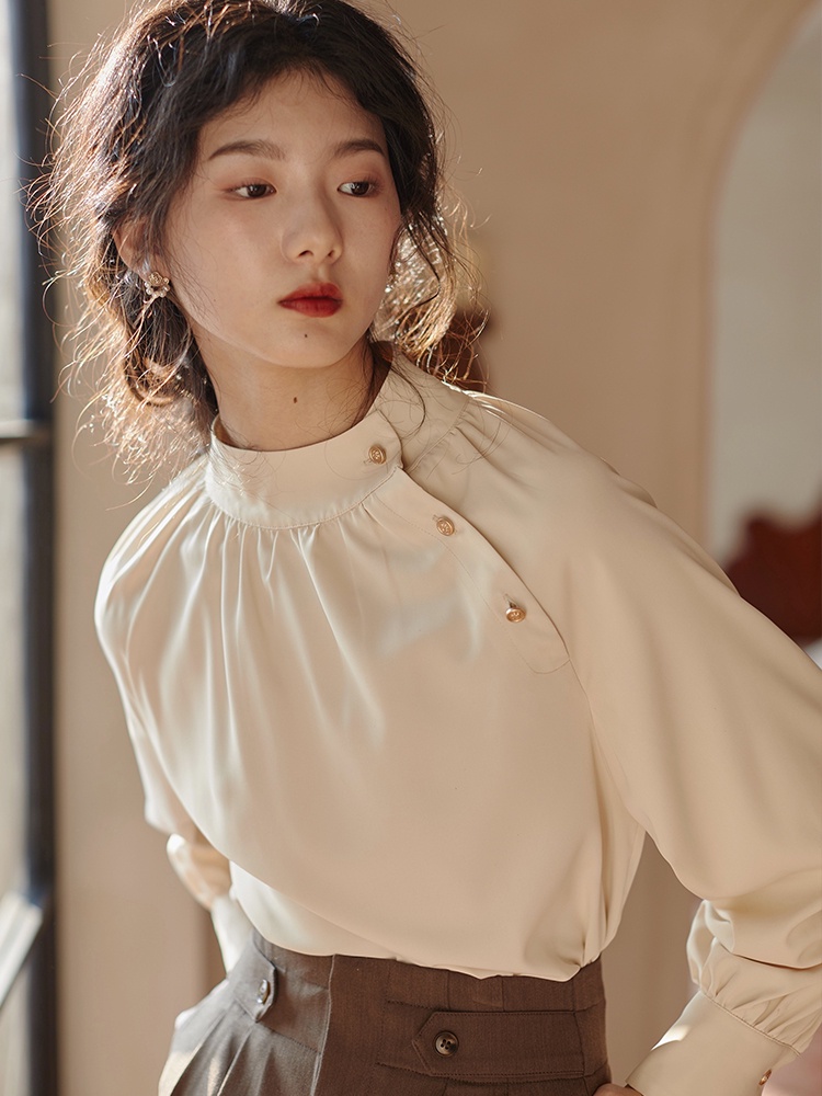 61015 Áo Sơ Mi Satin Ngắn Tay / Dài Tay Chéo Cài Nút Cho Nữ