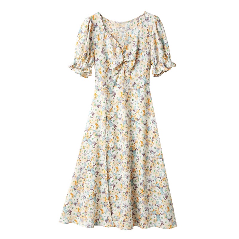 Đầm Maxi Vải Chiffon Cổ V Phối Bèo In Hoa Phối Dây Nịt Xẻ Tà Xinh Xắn Cho Nữ