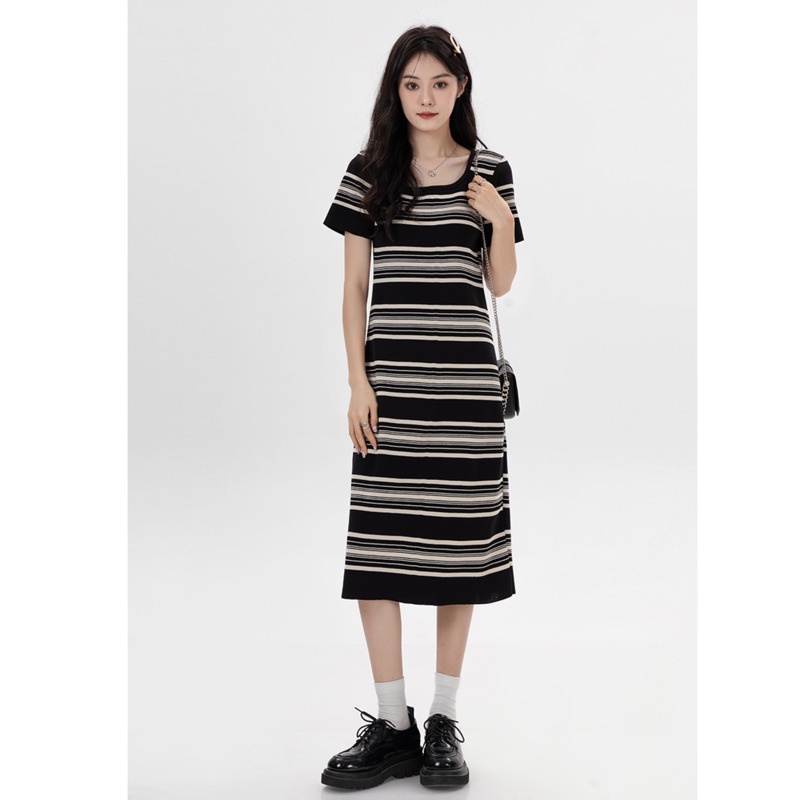 Đầm Dệt Kim Cổ Vuông Họa Tiết Kẻ Sọc Thời Trang Mùa Hè Phong Cách Hàn Quốc Cho Nữ