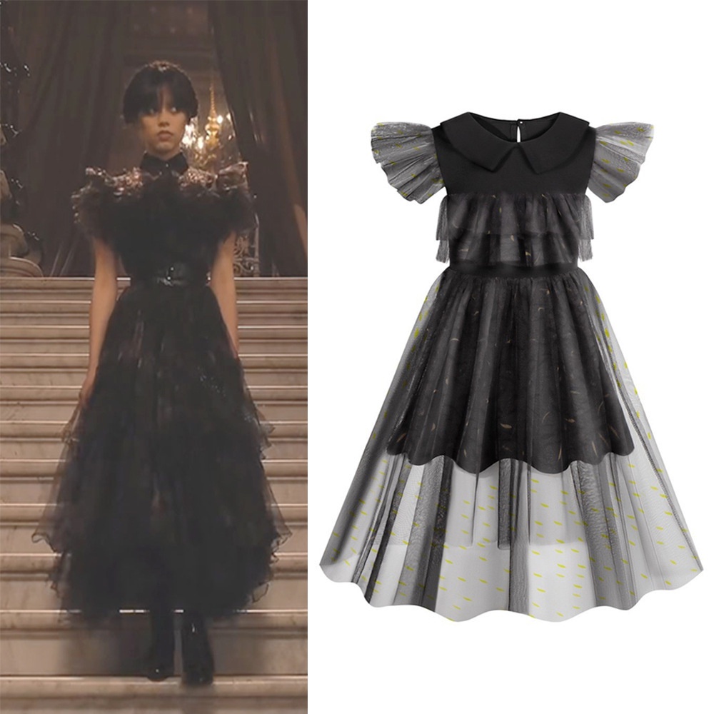 Đầm hóa trang nhân vật Wednesday Addams màu đen phong cách cho bé gái dịp Halloween