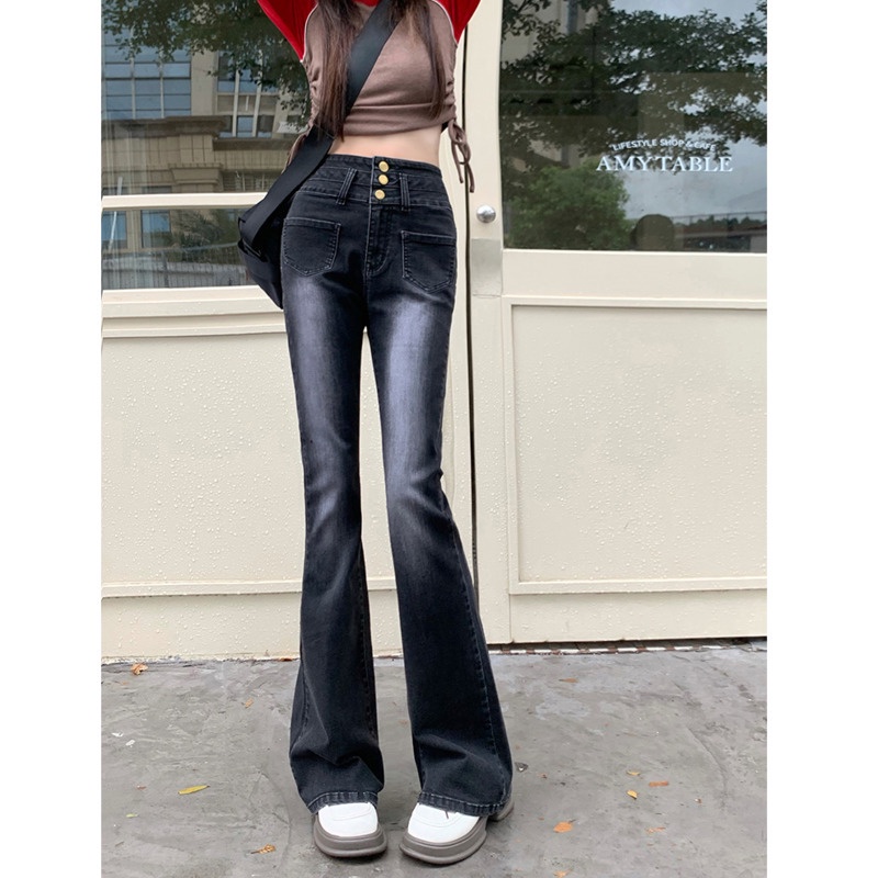 Quần Denim Ống Loe Lưng Cao Thời Trang Hàn Quốc