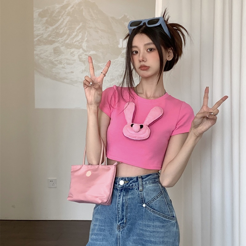 Áo Thun crop Top Tay Ngắn Cổ Tròn In Hình Thỏ Phong Cách Hàn Quốc Quyến Rũ Dành Cho Nữ