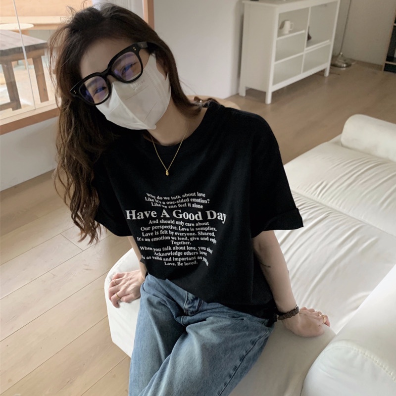 Áo Thun Nữ Ngắn Tay Dáng Rộng In Chữ Phong Cách Hàn Quốc