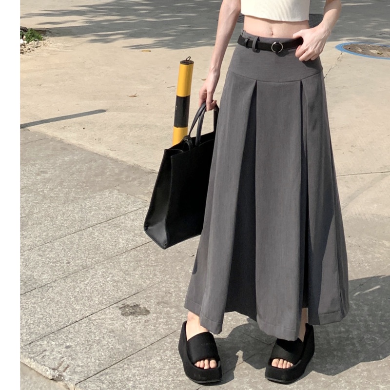 Chân Váy Chữ A Lưng Cao Xếp Ly Màu Sắc Retro Phong Cách Hàn Quốc