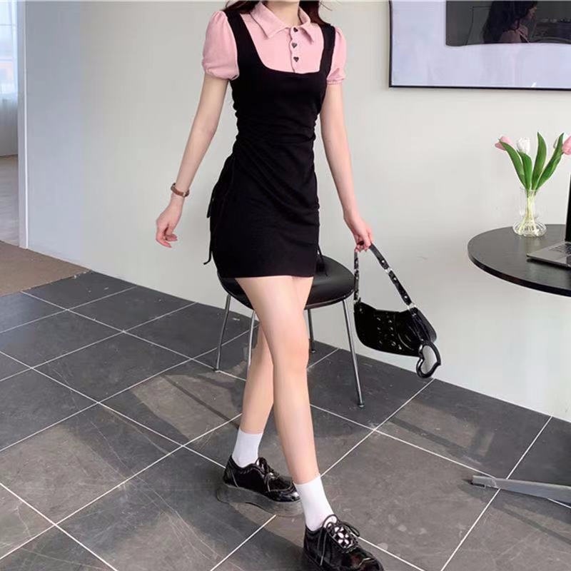 Đầm Tay Ngắn Cổ Polo Phối Dây Rút Màu Sắc Tương Phản Phong Cách Preppy
