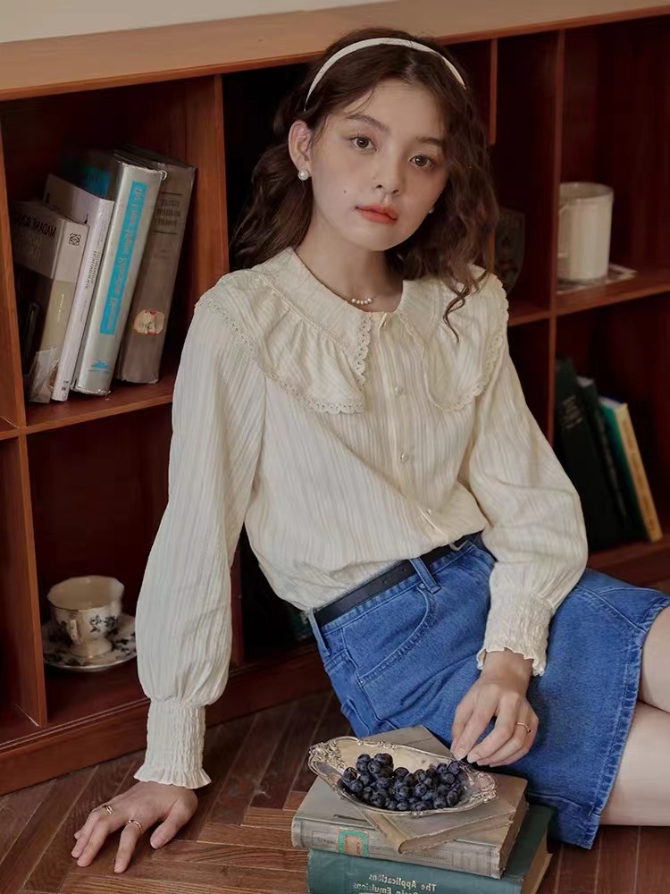 61014 Áo Sơ Mi Dài Tay Ren Lớn Ve Áo Phụ Nữ