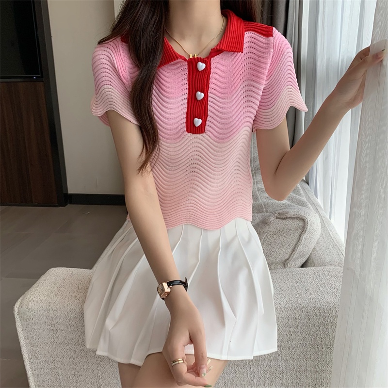 Áo Thun Dệt Kim Tay Ngắn Cổ POLO Màu Sắc Ngọt Ngào Thời Trang Mùa Hè Cho Nữ