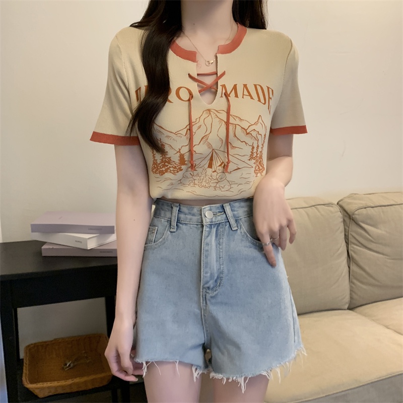 Áo Thun Dệt Kim Tay Ngắn Cổ Chữ V Ghép Màu In Chữ Phong Cách retro Thời Trang Xuân Hè Mới Dành Cho Bạn Nữ