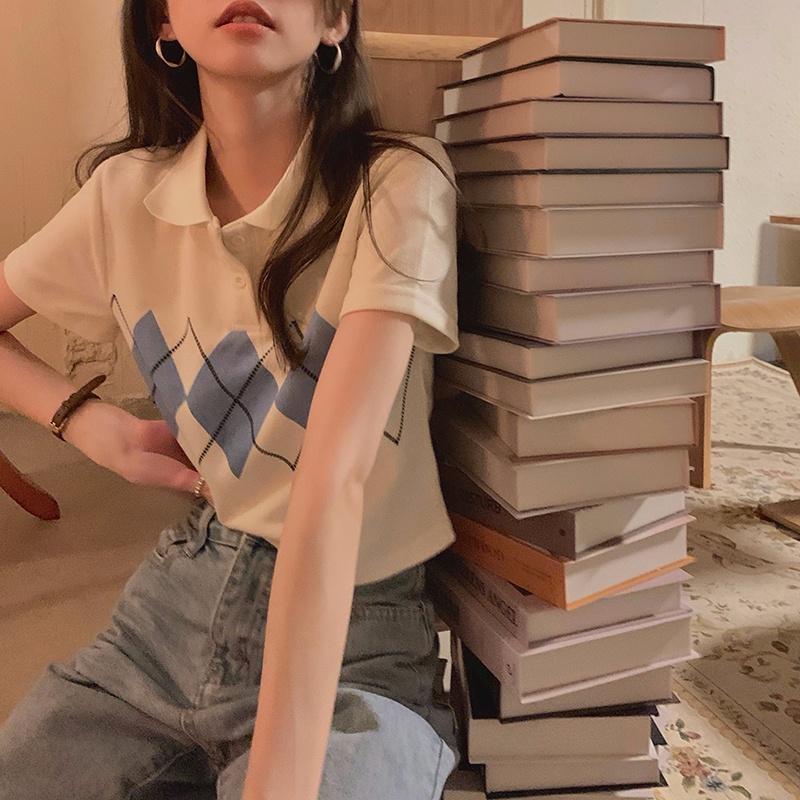 Áo Thun Polo Ngắn Tay Họa Tiết Ca Rô Màu Sắc Tương Phản Thời Trang Hàn Quốc