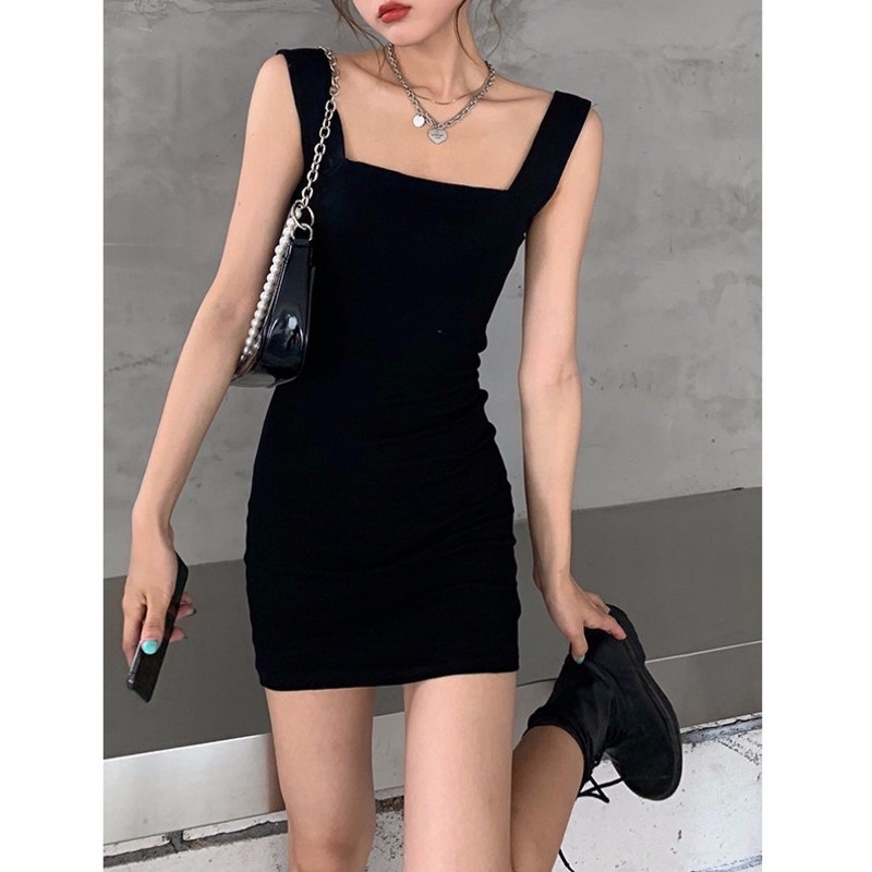 Đầm Midi Hai Dây Cổ Vuông Màu Đen Thời Trang Mùa Hè Phong Cách Hàn Quốc Cho Nữ