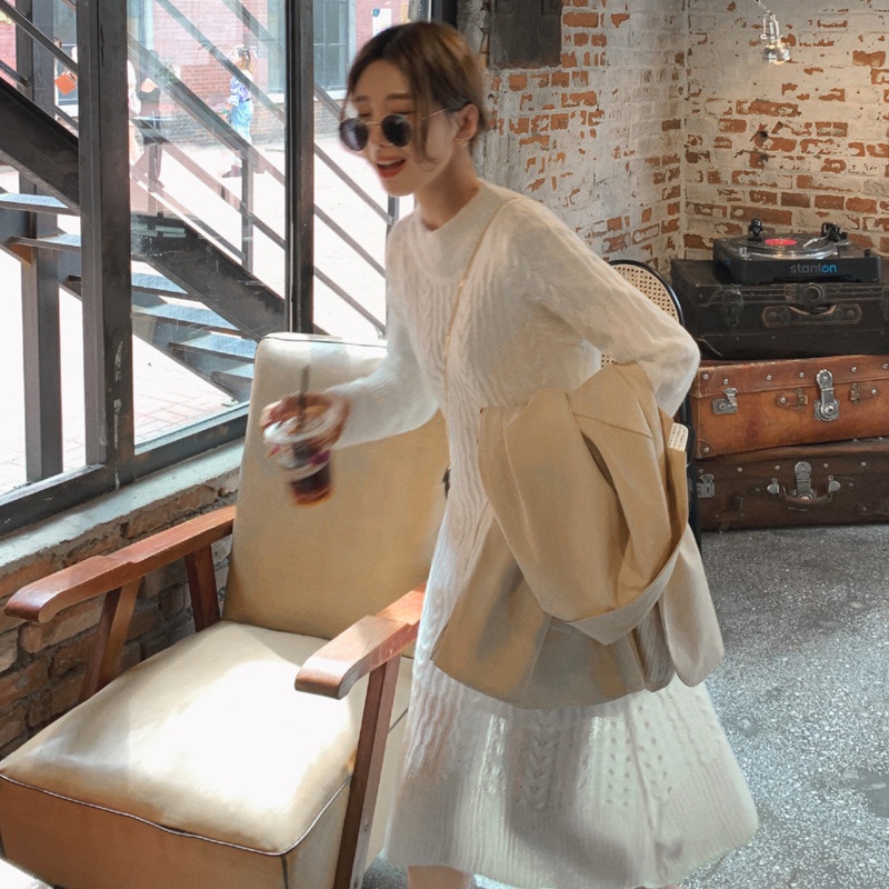 Đầm Dệt Kim Tay Dài Màu Trắng Thời Trang Xuân Thu Đơn Giản