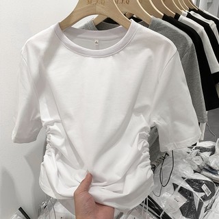 61277 Áo Thun Nữ Xếp Ly Vải Cotton Màu Trắng