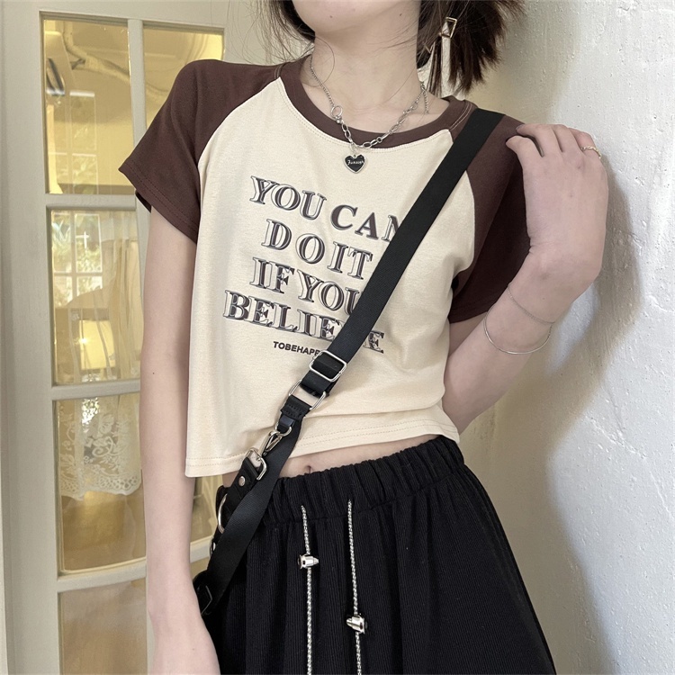 Áo Thun Tay Ngắn In Chữ Màu Sắc Tương Phản Phong Cách Hàn Quốc