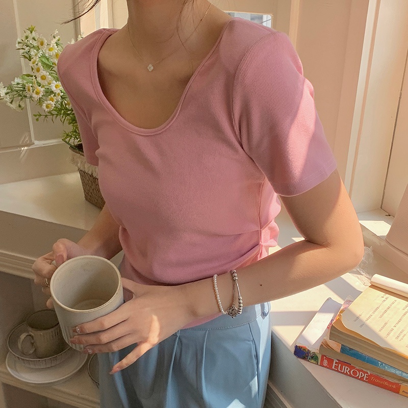 Áo Thun Tay Ngắn Dáng Ôm Co Giãn Màu Trơn Thời Trang Mùa Hè 61589