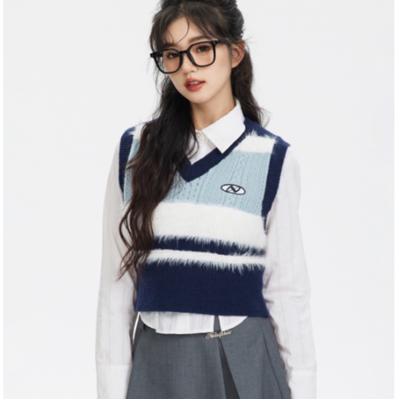 Áo Dệt Kim Sát Nách Cổ Chữ v Họa Tiết Kẻ Sọc Phong Cách Preppy