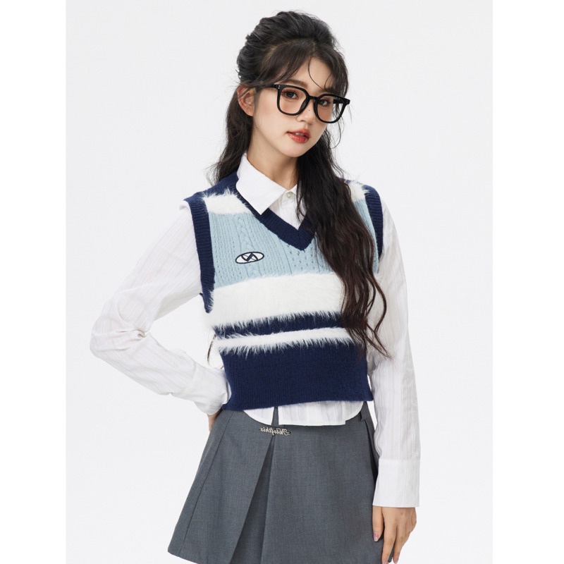 Áo Dệt Kim Sát Nách Cổ Chữ v Họa Tiết Kẻ Sọc Phong Cách Preppy