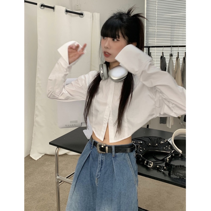 Áo Sơ Mi Tay Dài Cổ Polo Dáng Ngắn Kiểu Hàn Quốc Dễ Thương Cho Nữ