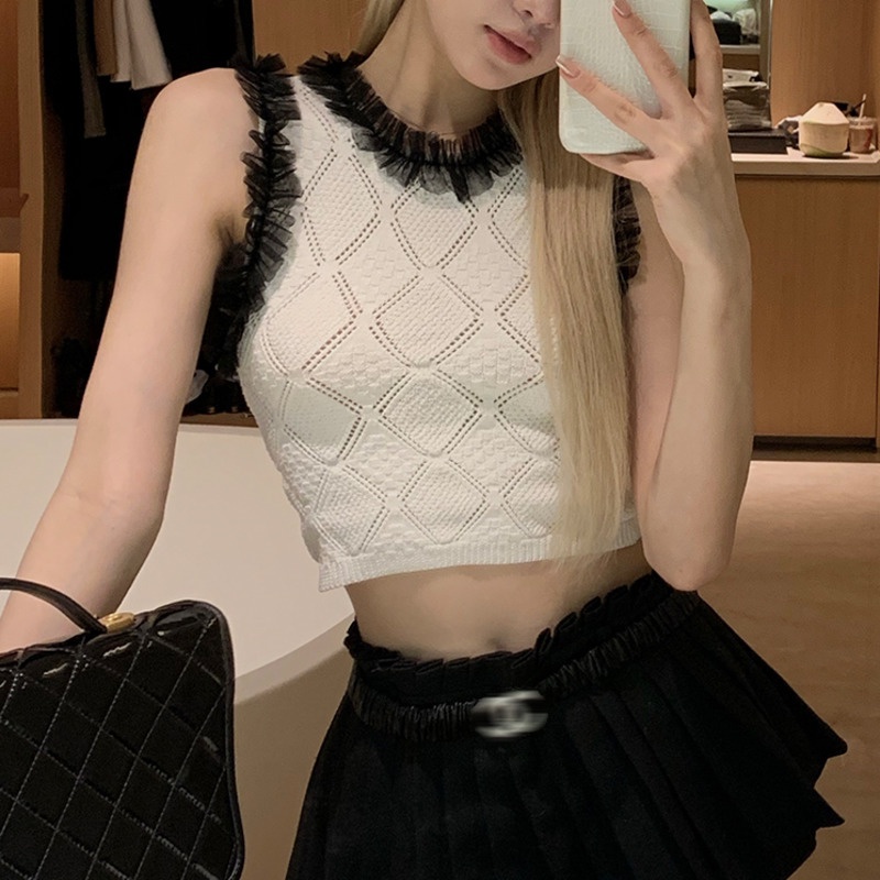 Áo Dệt Kim Không Tay Phối Ren Xinh Xắn Dành Cho Bé Gái