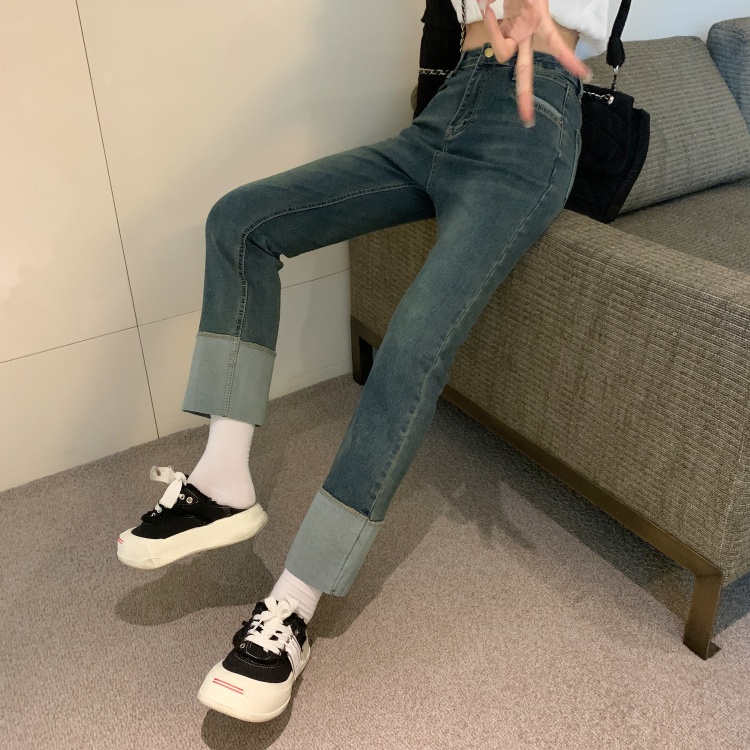 Quần Jean Dài Lưng Cao Dáng Ôm Màu Sắc Tương Phản Phong Cách Hàn Quốc Độc Đáo Thời Trang Cho Nữ