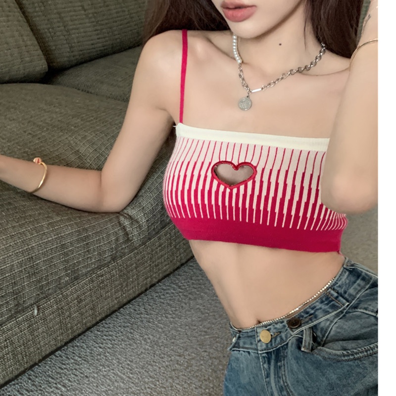 Áo Hai Dây Dệt Kim Màu Sắc Gradient Họa Tiết Trái Tim Gợi Cảm