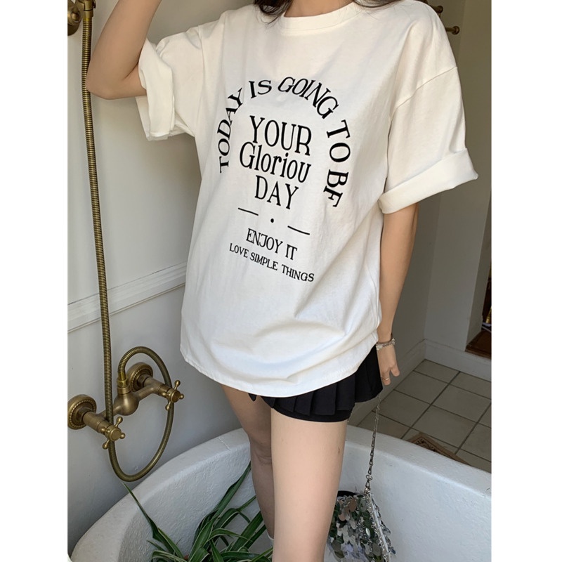 Áo Thun Tay Ngắn Dáng Rộng Hoạ Tiết Chữ In Thời Trang Mùa Hè