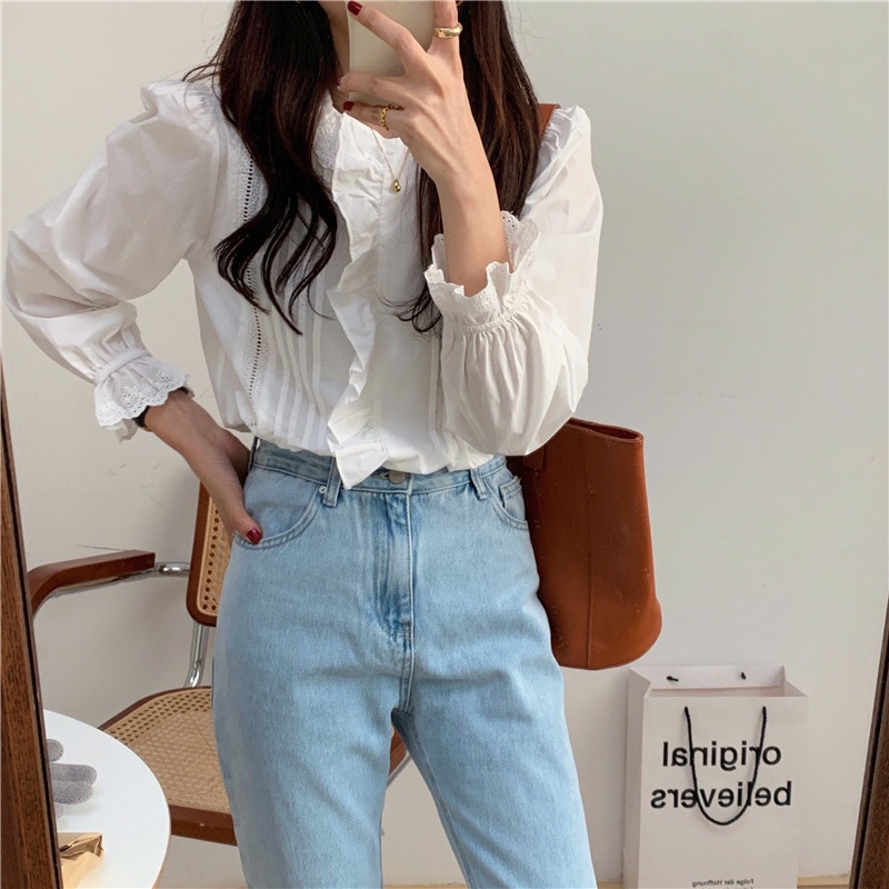 Áo Sơ Mi Dài Tay Phối Ren Màu Sắc Trơn Phong Cách Hàn Quốc 40052