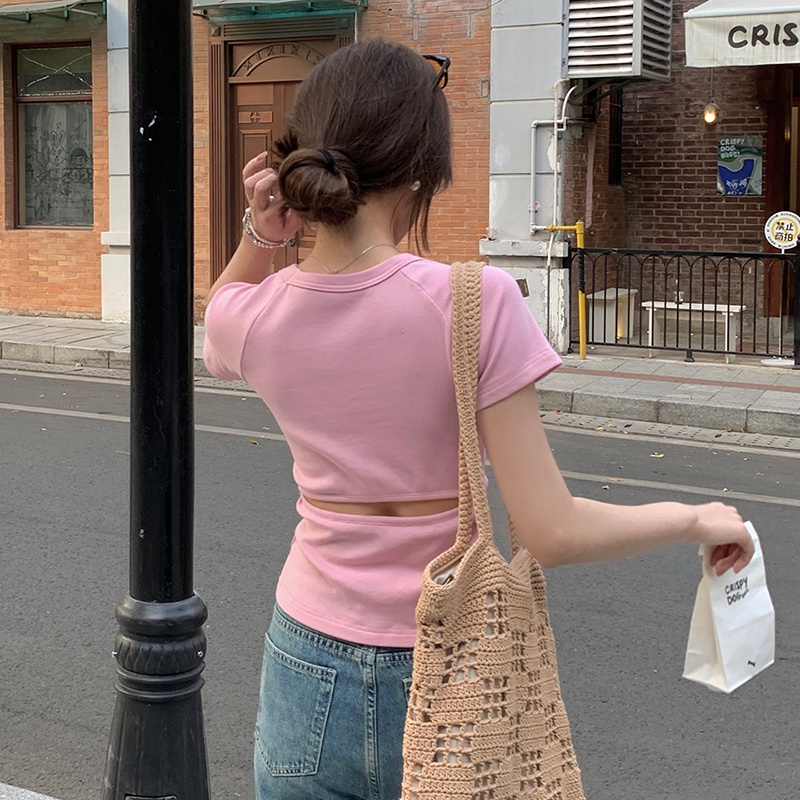 Áo Thun Dáng Ôm Cổ Tròn Ngắn Tay Khoét Lưng Thời Trang Cá Tính 61815