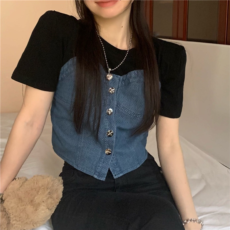 Áo Thun Ngắn Tay Giả Hai Lớp Phối denim Thời Trang Mùa Hè Cho Nữ