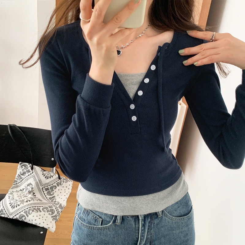 Áo Thun Nữ Dài Tay Cổ Chữ V Giả Hai Lớp 61879