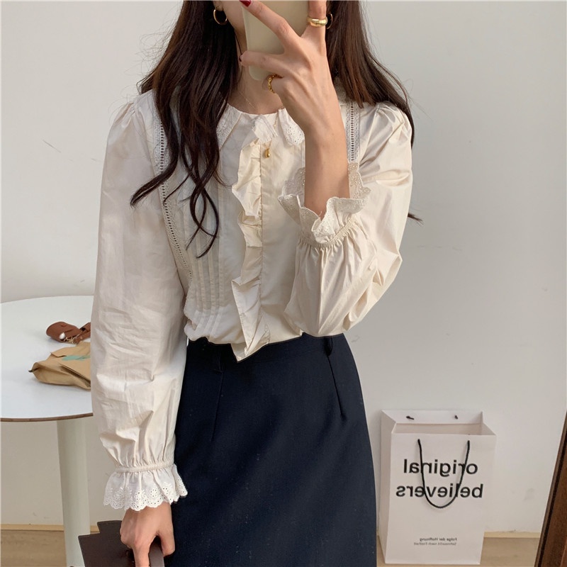 Áo Sơ Mi Dài Tay Phối Ren Màu Sắc Trơn Phong Cách Hàn Quốc 40052