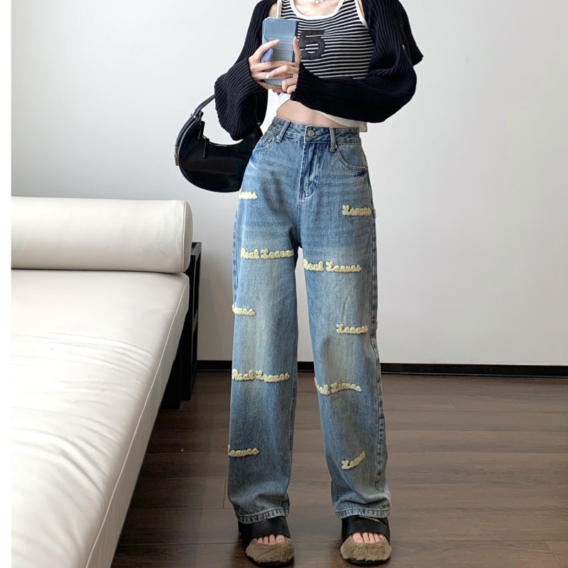 Quần Denim Lưng Cao Ống Rộng Thêu Họa Tiết Thời Trang Hàn Quốc