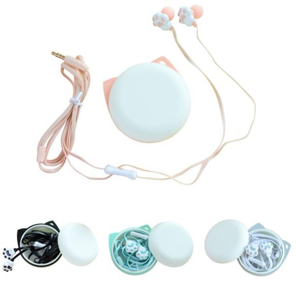Tai Nghe Nhét Tai 3.5mm Hình Chân Mèo Dễ Thương Kèm Hộp Đựng