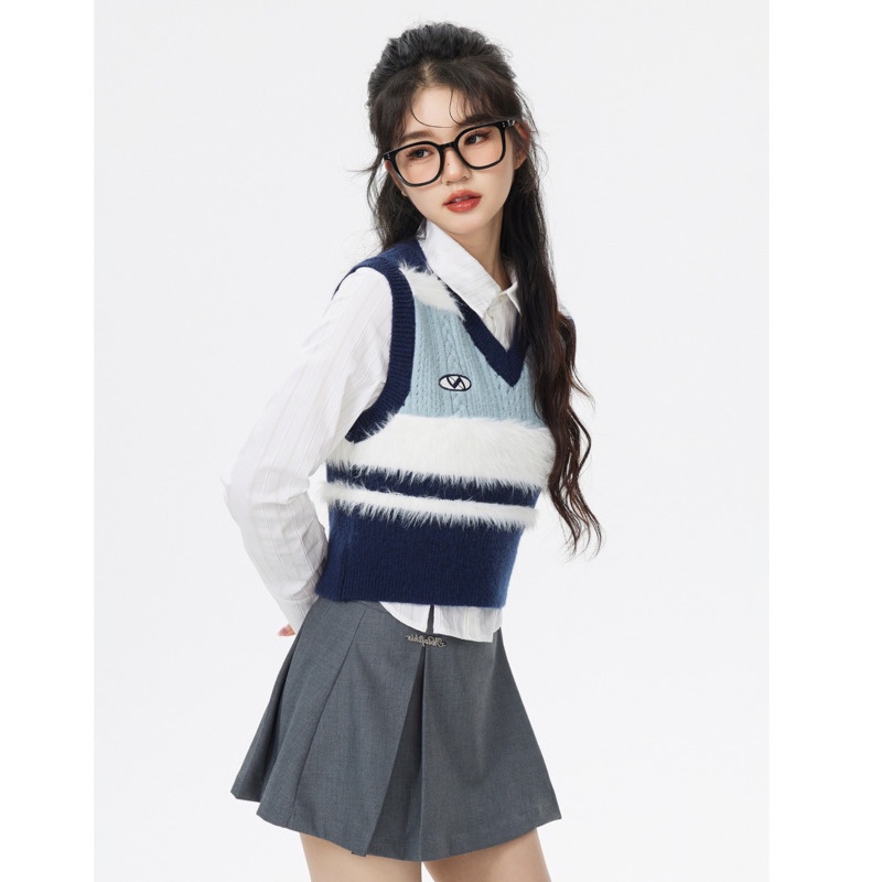 Áo Dệt Kim Sát Nách Cổ Chữ v Họa Tiết Kẻ Sọc Phong Cách Preppy