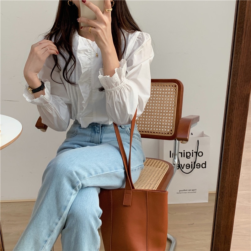 Áo Sơ Mi Dài Tay Phối Ren Màu Sắc Trơn Phong Cách Hàn Quốc 40052