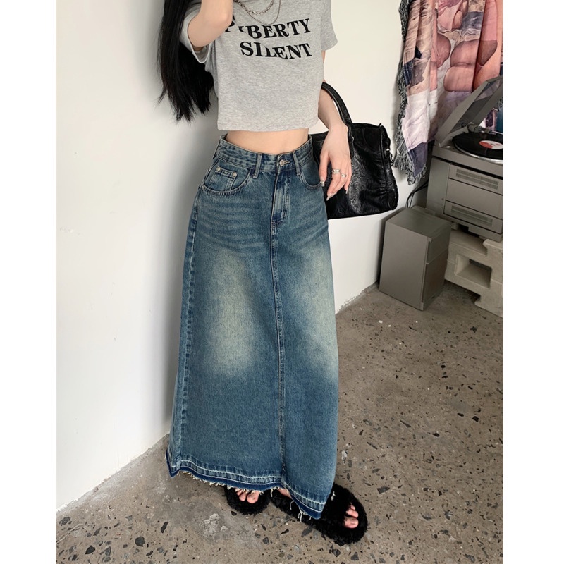 Chân Váy Jean Chữ a Lưng Cao Phong Cách Retro