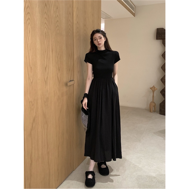 Đầm Dài Tay Ngắn Màu Đen Phong Cách Pháp Cho Nữ