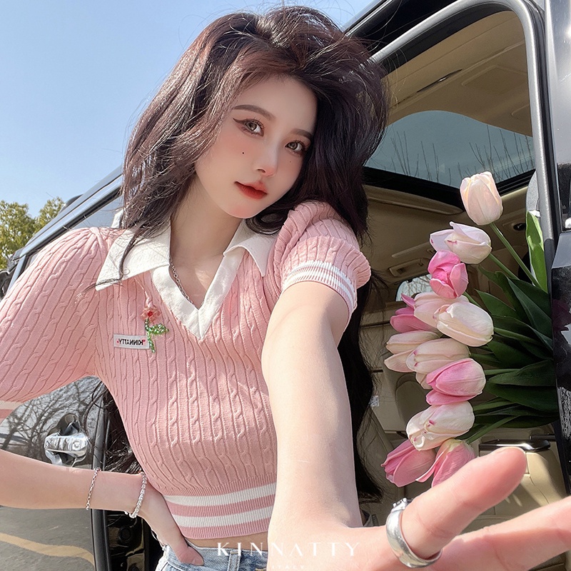 Áo Thun polo Dệt Kim Tay Ngắn Màu Hồng In Hoa Nhỏ Xinh Xắn Thời Trang Cho Bạn Gái