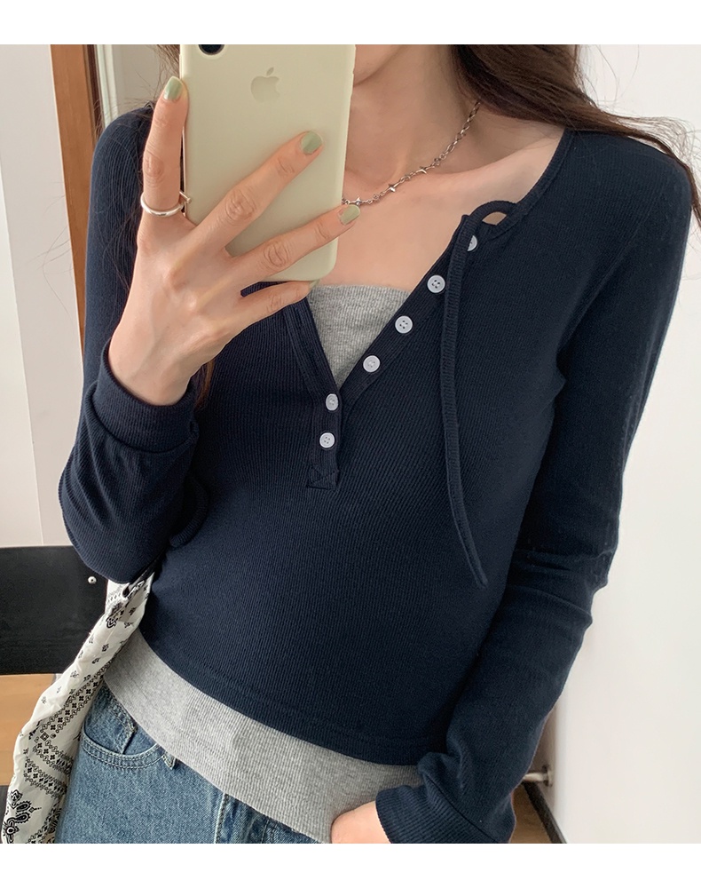 Áo Thun Nữ Dài Tay Cổ Chữ V Giả Hai Lớp 61879